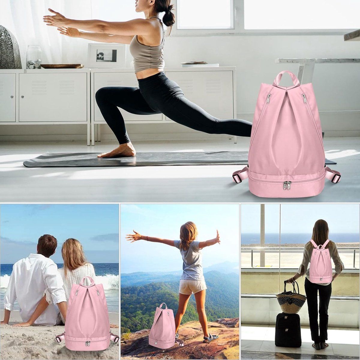 Swim Gym Backpack With Shoe Compartment, Wet Dry Separation, Foldable Odor Resistant Sports Bag For Women, Pink