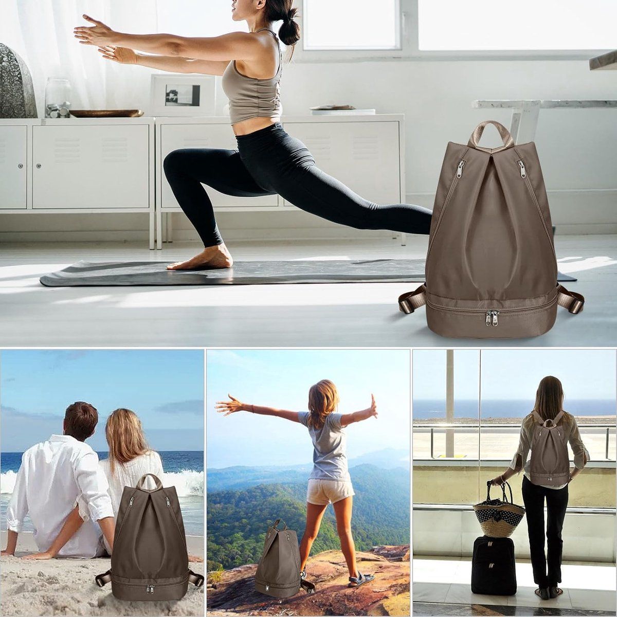 Waterproof Swim Backpack With Wet Dry Separation And Shoe Compartment, Foldable Sport Bag For Women Gym Travel, Khaki