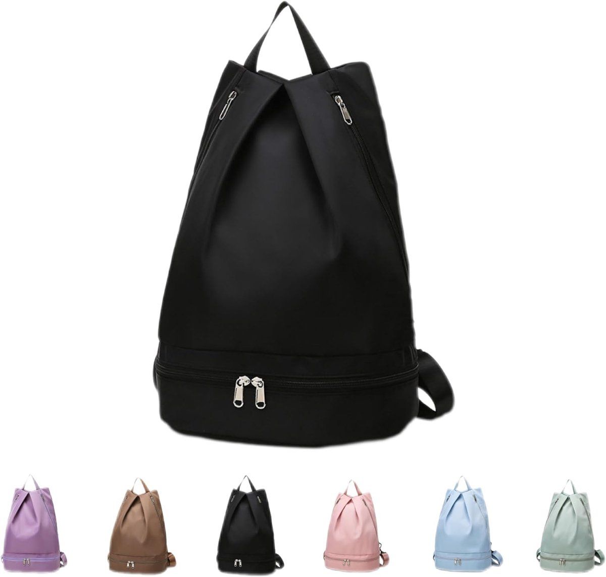 Women Swim Gym Backpack With Wet Dry Separation Shoe Compartment Foldable Nylon Sports Bag With Adjustable Straps, Black