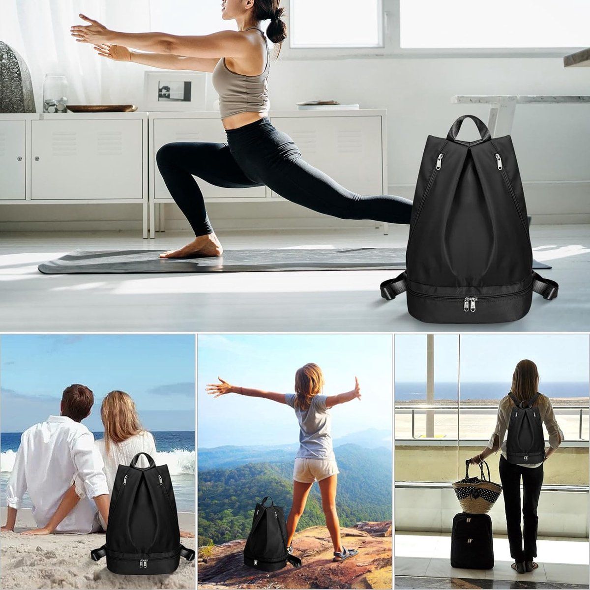 Women Swim Gym Backpack With Wet Dry Separation Shoe Compartment Foldable Nylon Sports Bag With Adjustable Straps, Black
