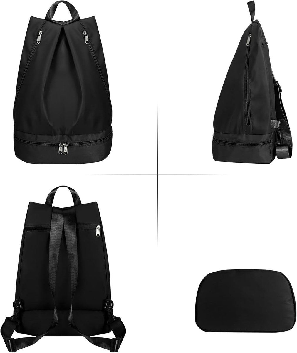 Women Swim Gym Backpack With Wet Dry Separation Shoe Compartment Foldable Nylon Sports Bag With Adjustable Straps, Black