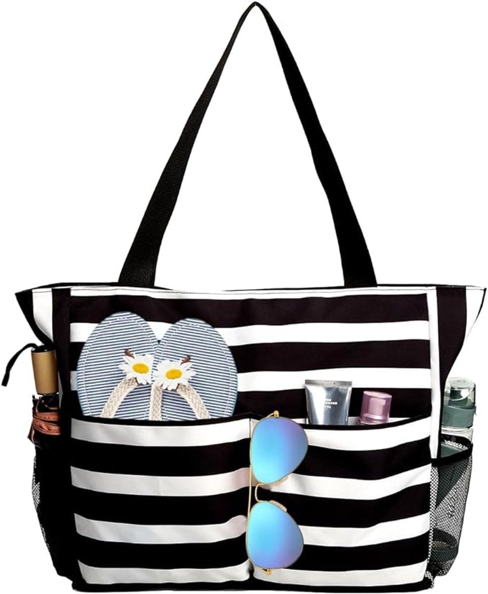 Beach Tote Bag With Zipper, Large Capacity Polyester 8 Pocket Foldable Carryall For Women Travel Pool Gym, Black White Stripe, 43 x 38 x 15 cm