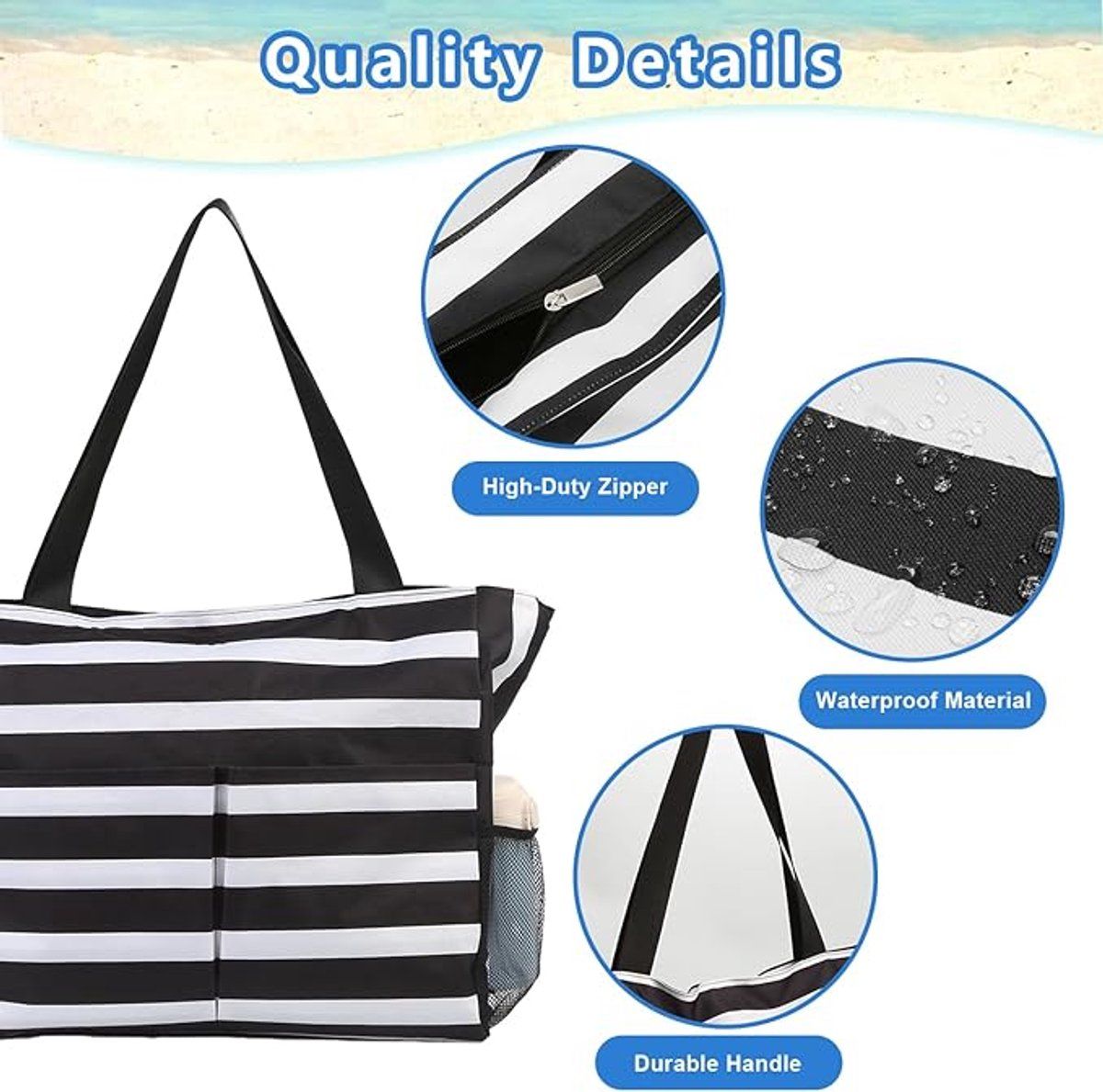 Beach Tote Bag With Zipper, Large Capacity Polyester 8 Pocket Foldable Carryall For Women Travel Pool Gym, Black White Stripe, 43 x 38 x 15 cm