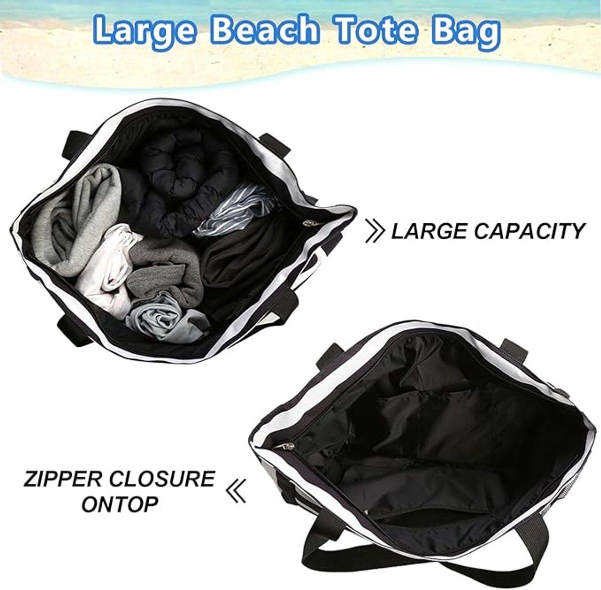 Beach Tote Bag With Zipper, Large Capacity Polyester 8 Pocket Foldable Carryall For Women Travel Pool Gym, Black White Stripe, 43 x 38 x 15 cm