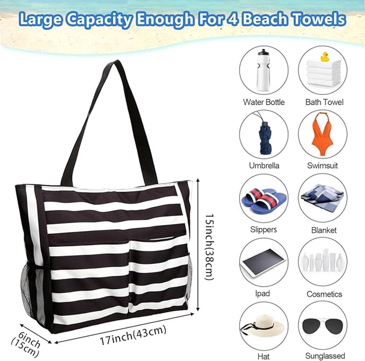 Beach Tote Bag With Zipper, Large Capacity Polyester 8 Pocket Foldable Carryall For Women Travel Pool Gym, Black White Stripe, 43 x 38 x 15 cm