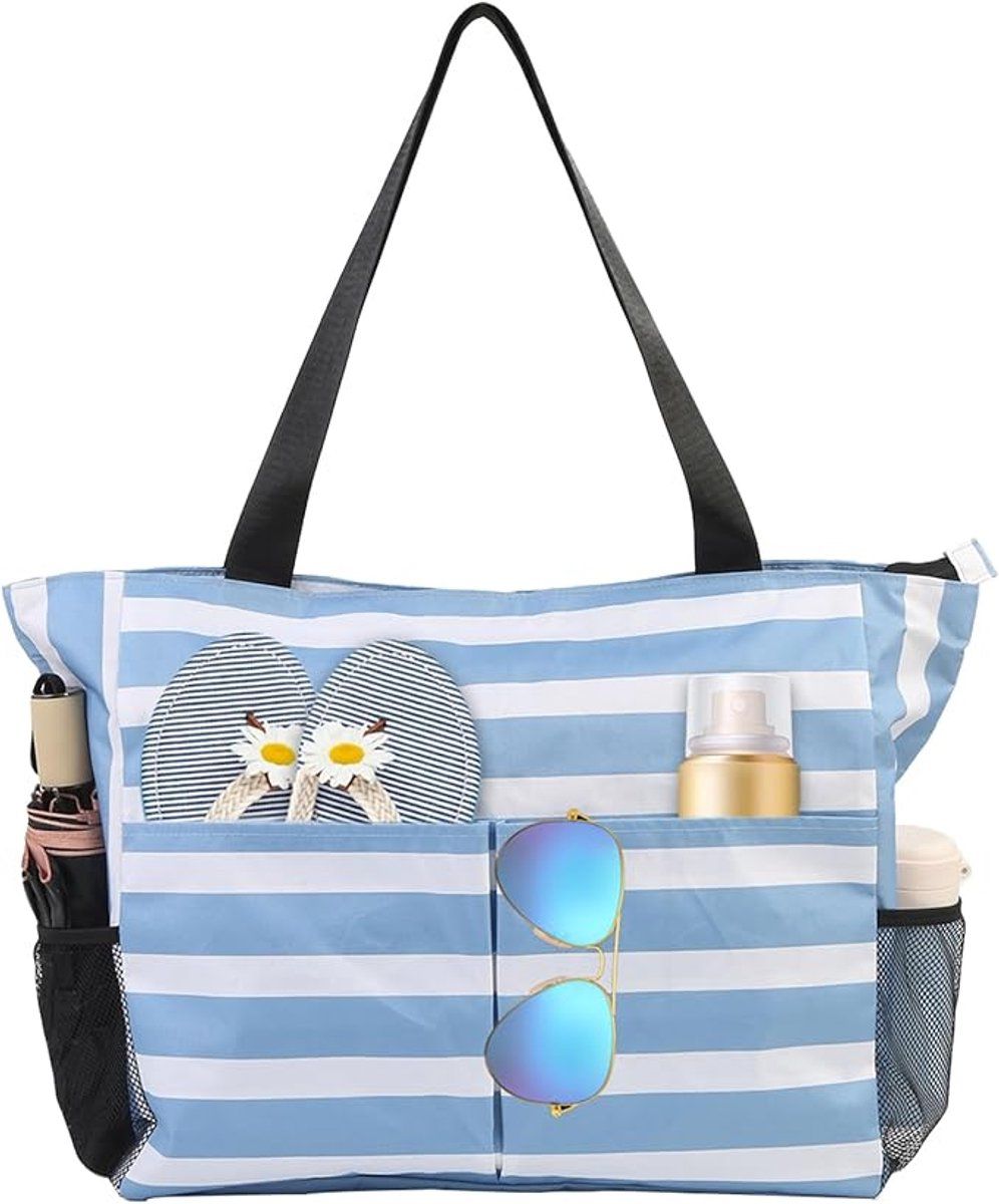 Beach Tote Bag With Zipper, Large Capacity Polyester Tote With 8 Compartments, Foldable Carry Bag For Beach Travel Pool Gym, Blue, 43 x 38 x 15 cm