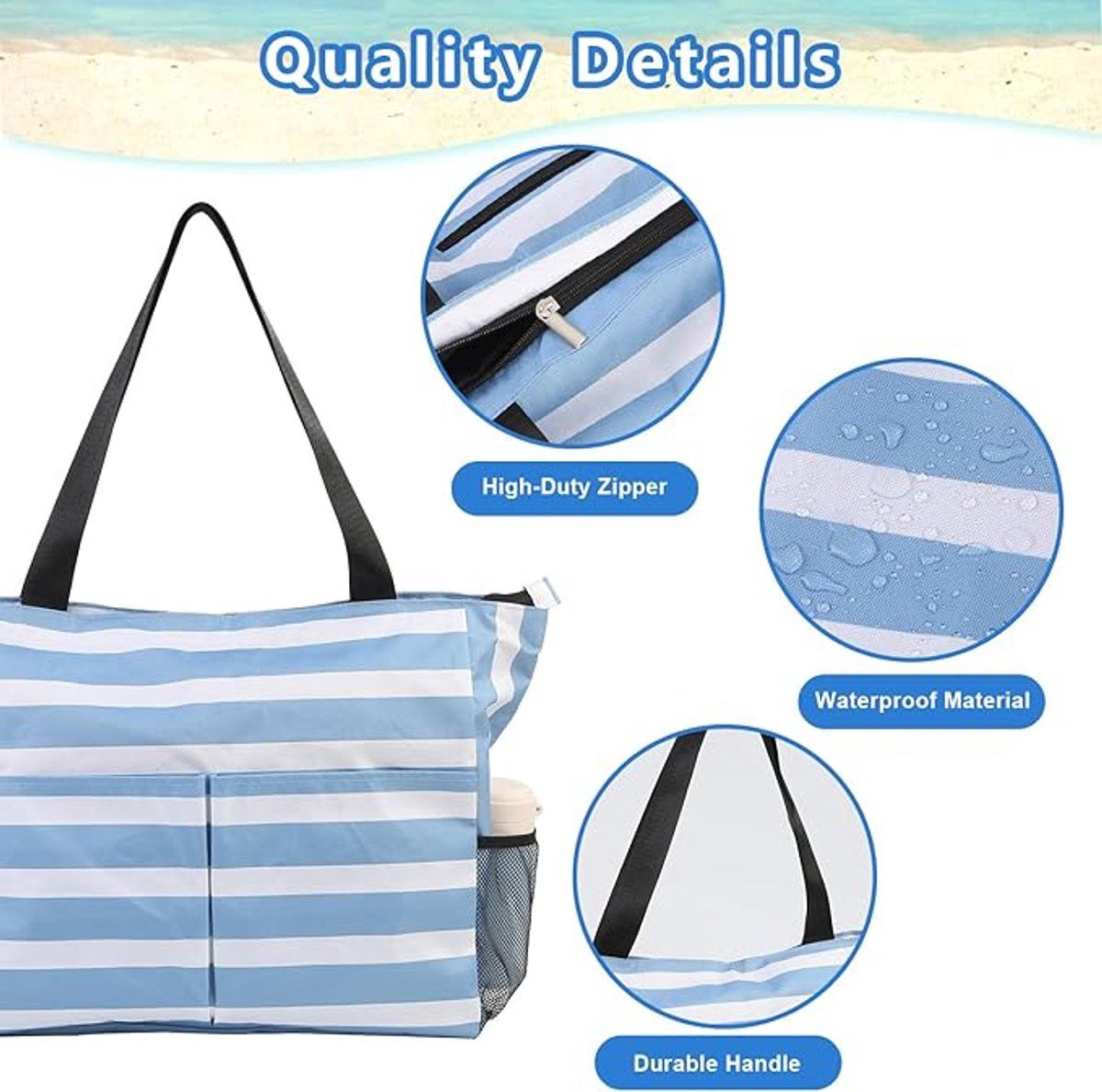 Beach Tote Bag With Zipper, Large Capacity Polyester Tote With 8 Compartments, Foldable Carry Bag For Beach Travel Pool Gym, Blue, 43 x 38 x 15 cm