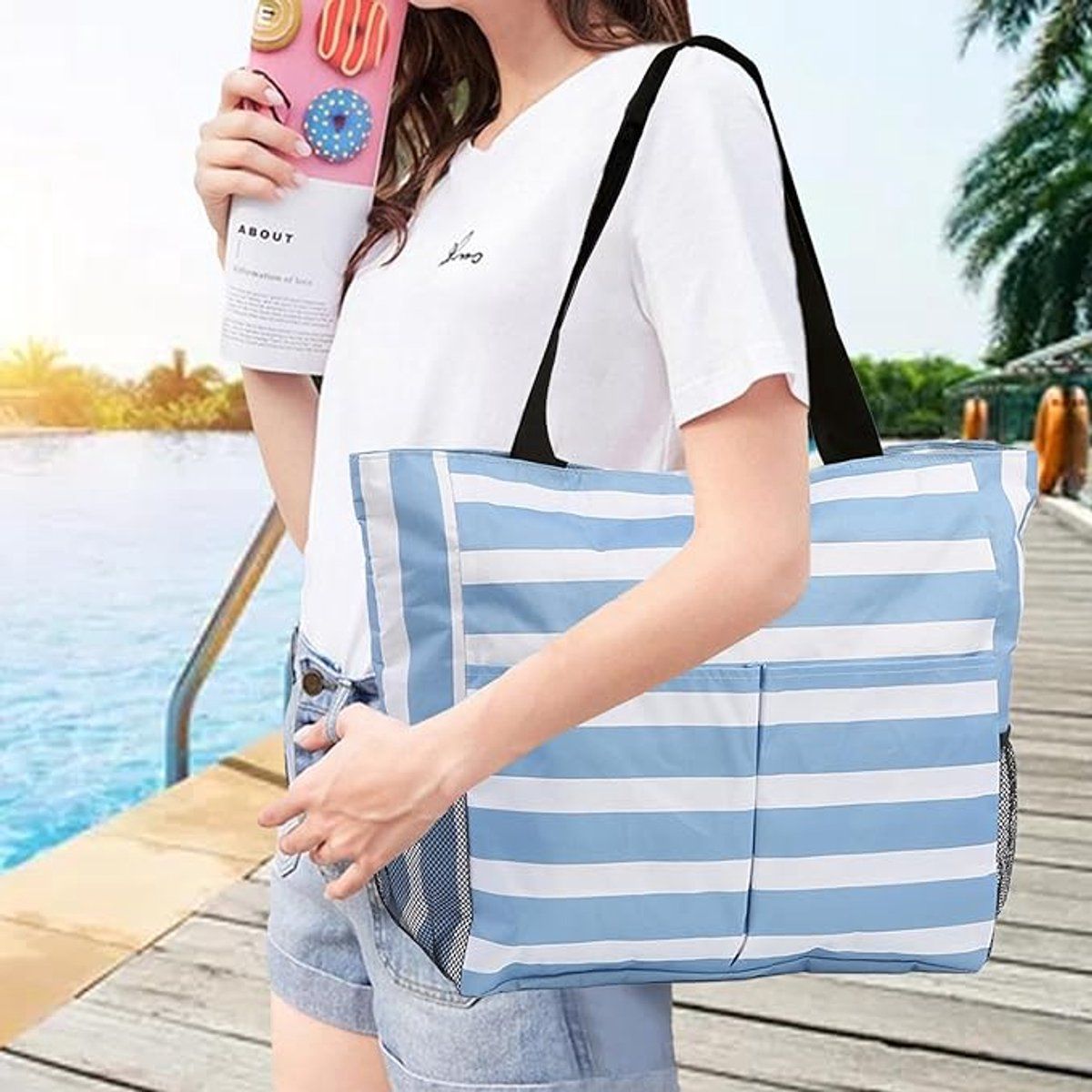 Beach Tote Bag With Zipper, Large Capacity Polyester Tote With 8 Compartments, Foldable Carry Bag For Beach Travel Pool Gym, Blue, 43 x 38 x 15 cm