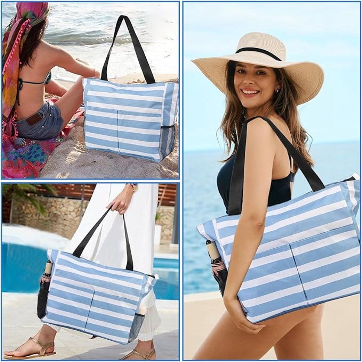 Beach Tote Bag With Zipper, Large Capacity Polyester Tote With 8 Compartments, Foldable Carry Bag For Beach Travel Pool Gym, Blue, 43 x 38 x 15 cm