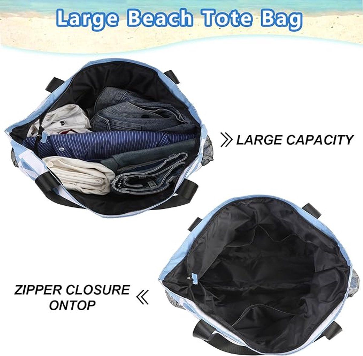 Beach Tote Bag With Zipper, Large Capacity Polyester Tote With 8 Compartments, Foldable Carry Bag For Beach Travel Pool Gym, Blue, 43 x 38 x 15 cm