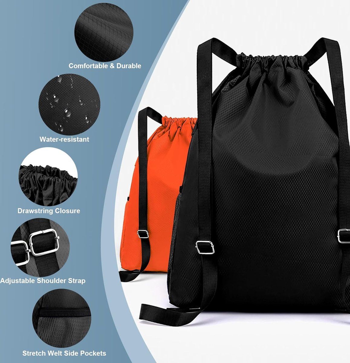 Drawstring Gym Backpack, Water Resistant Sports Bag With Wet Dry Compartment And Multiple Pockets, For Men And Women Swimming Yoga Travel, 16.5 in