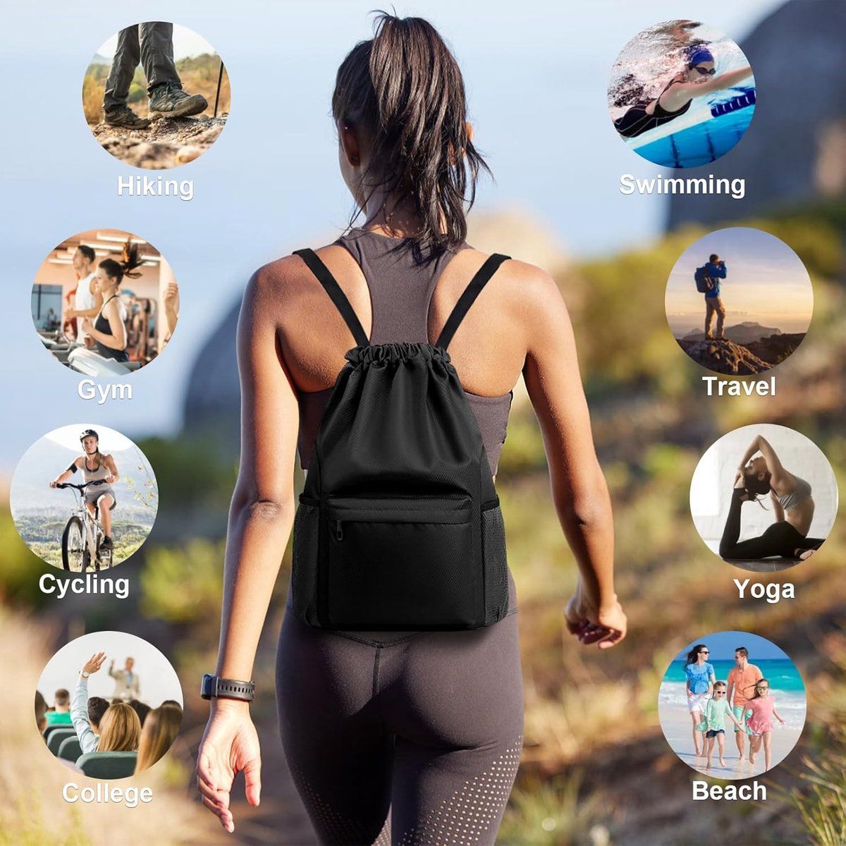 Drawstring Gym Backpack, Water Resistant Sports Bag With Wet Dry Compartment And Multiple Pockets, For Men And Women Swimming Yoga Travel, 16.5 in