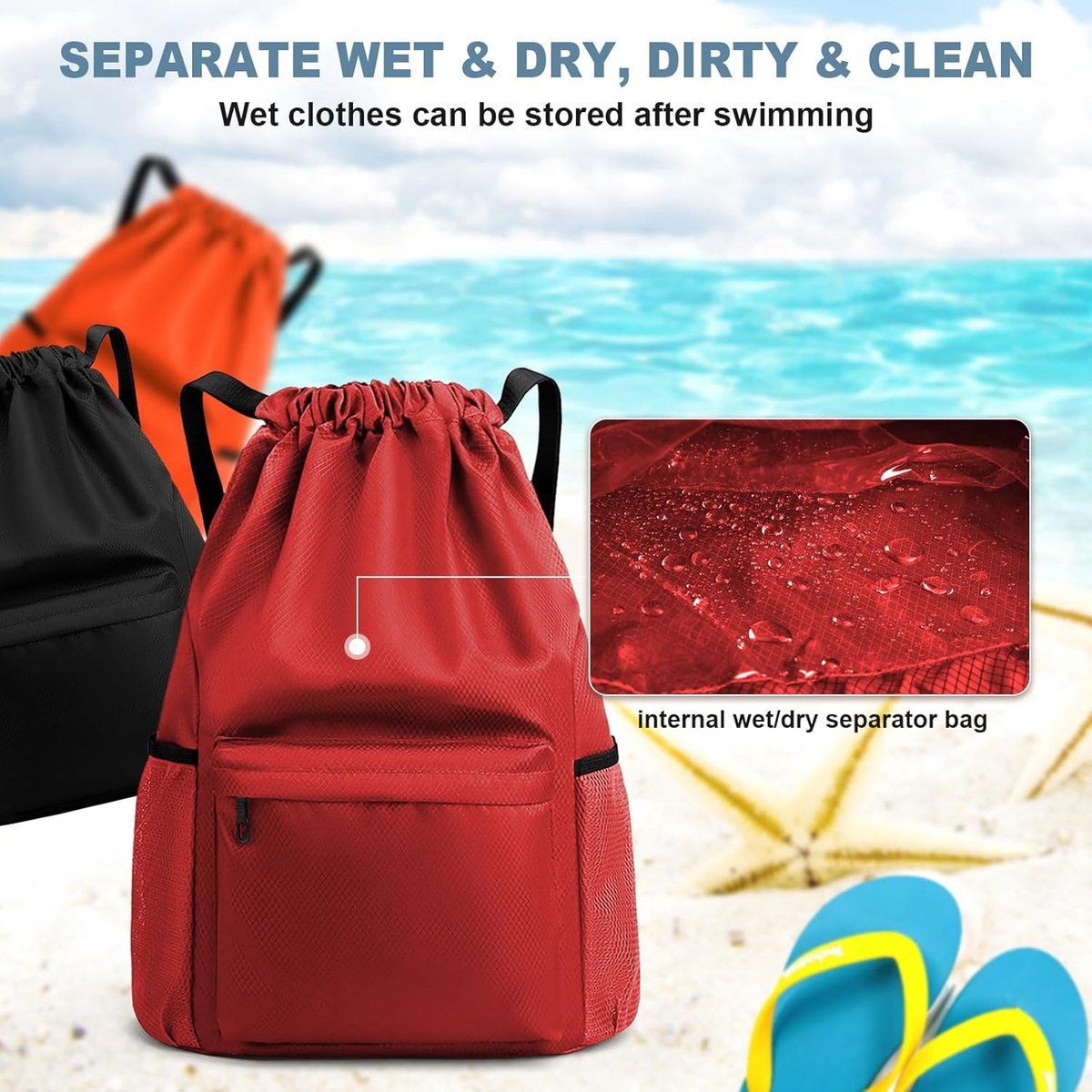 Drawstring Gym Backpack, Water Resistant Sports Bag With Wet Dry Compartment And Multiple Pockets, For Men And Women Travel Swim Yoga, Black, 18.5 in