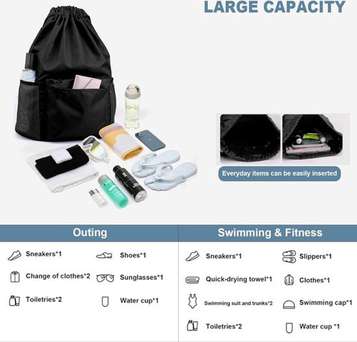 Drawstring Gym Backpack, Water Resistant Sports Bag With Wet Dry Compartment And Multiple Pockets, For Men And Women Travel Swim Yoga, Black, 18.5 in