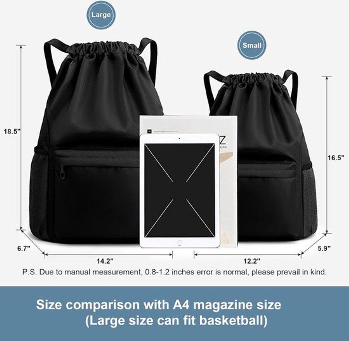 Drawstring Gym Backpack, Water Resistant Sports Bag With Wet Dry Compartment And Multiple Pockets, For Men And Women Travel Swim Yoga, Black, 18.5 in