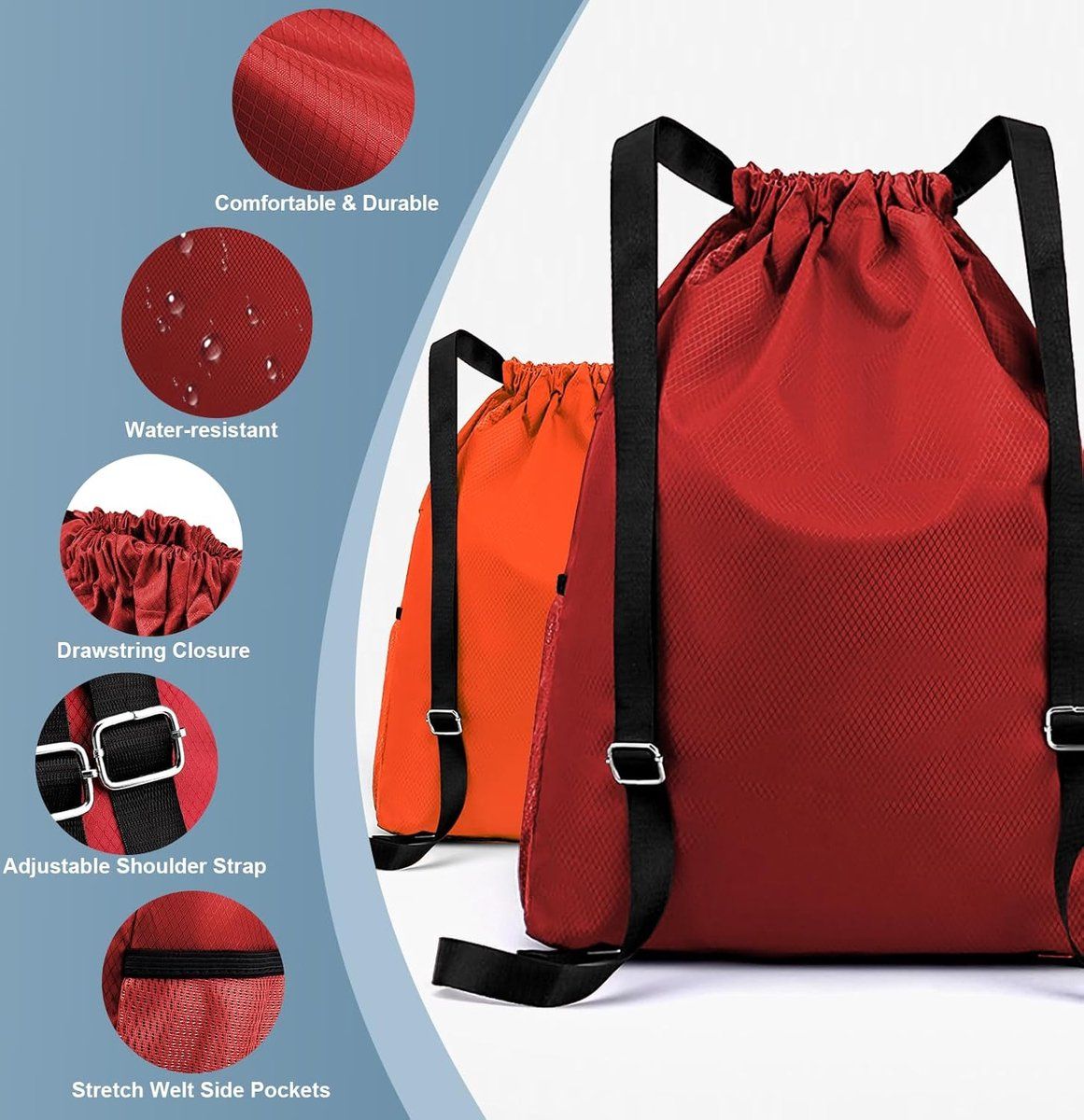 Drawstring Gym Backpack, Water Resistant Sports Bag With Wet Dry Compartment And Multi Pocket Design, For Men Women Swimming Yoga Travel, 18.5 in