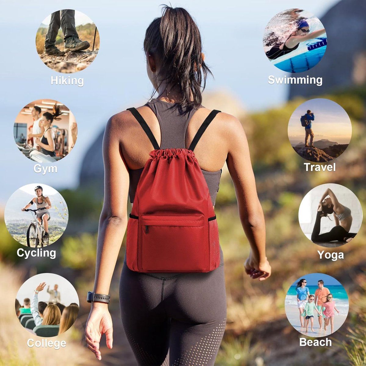 Drawstring Gym Backpack, Water Resistant Sports Bag With Wet Dry Compartment And Multi Pocket Design, For Men Women Swimming Yoga Travel, 18.5 in