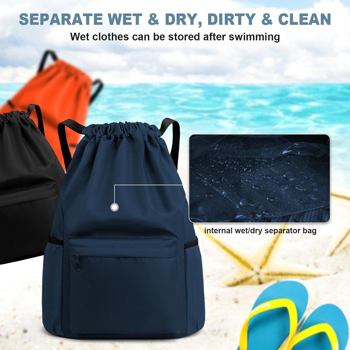Drawstring Gym Backpack, Water Resistant Sports Bag With Wet Dry Compartment And Multi Pockets, For Men And Women Swimming Yoga Travel, 16.5 in