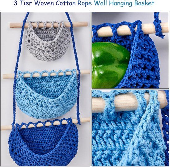 3 Tier Hanging Fruit And Vegetable Basket, Removable Woven Cotton Rope Wall Organizer For Kitchen Storage, Blue And Gray