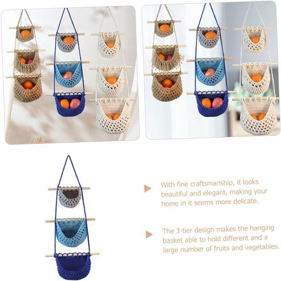 3 Tier Hanging Fruit And Vegetable Basket, Removable Woven Cotton Rope Wall Organizer For Kitchen Storage, Blue And Gray