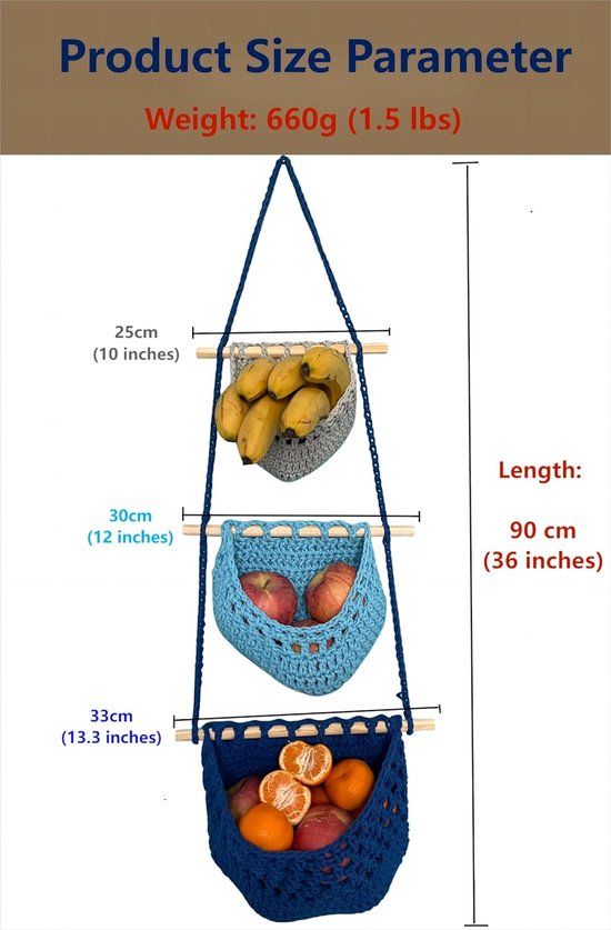 3 Tier Hanging Fruit And Vegetable Basket, Removable Woven Cotton Rope Wall Organizer For Kitchen Storage, Blue And Gray