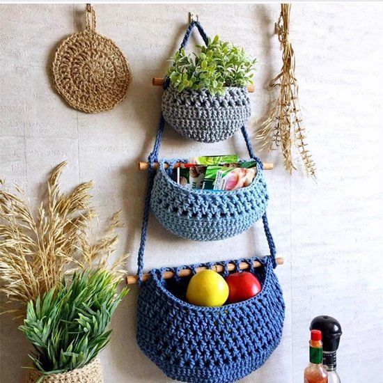 3 Tier Hanging Fruit And Vegetable Basket, Removable Woven Cotton Rope Wall Organizer For Kitchen Storage, Blue And Gray