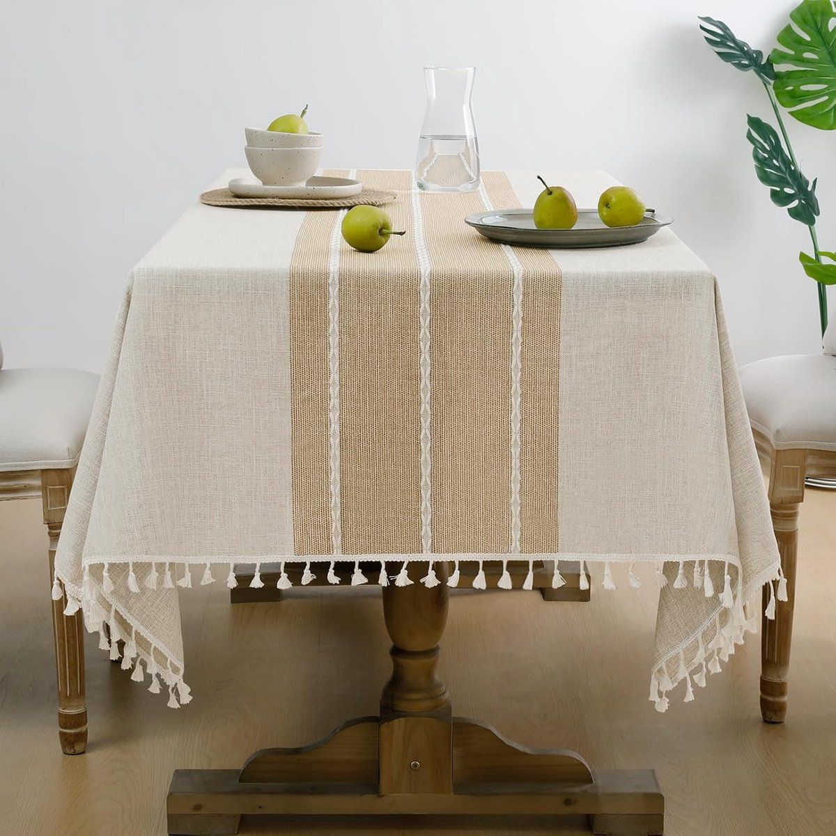 Bohemian Waterproof Tablecloth Linen Cotton Blend With Tassels Wrinkle Resistant For Indoor Outdoor Dining Parties Coffee, 90 x 90 cm