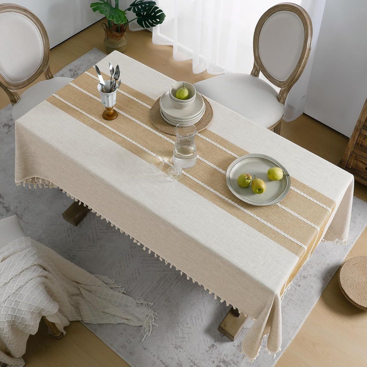 Bohemian Waterproof Tablecloth Linen Cotton Blend With Tassels Wrinkle Resistant For Indoor Outdoor Dining Parties Coffee, 90 x 90 cm