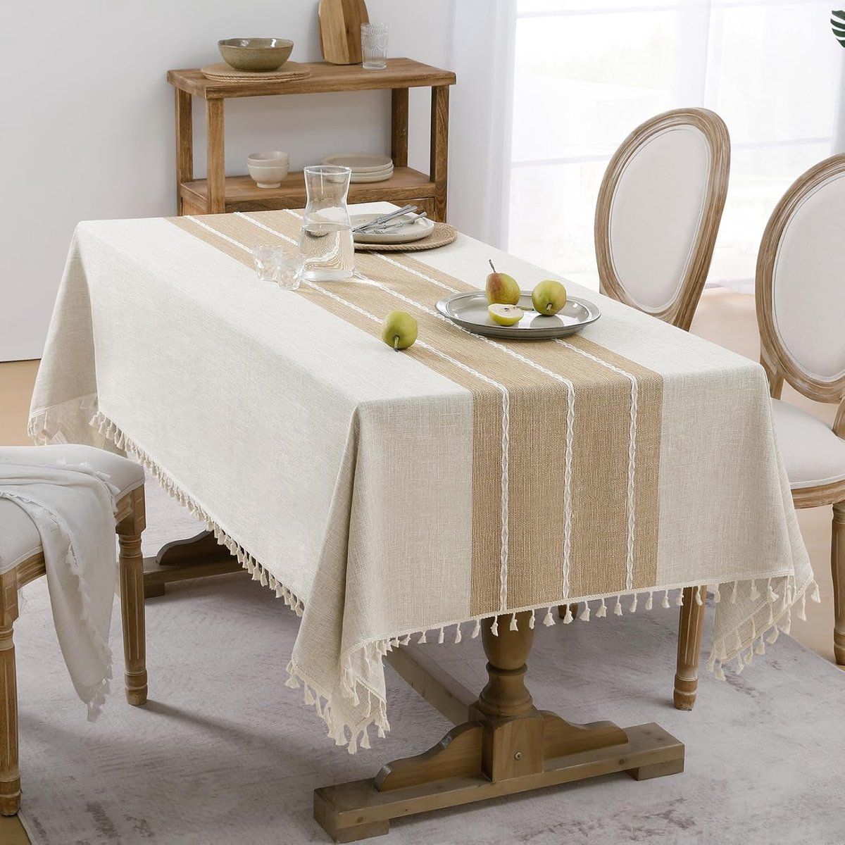 Bohemian Waterproof Tablecloth Linen Cotton Blend With Tassels Wrinkle Resistant For Indoor Outdoor Dining Parties Coffee, 90 x 90 cm