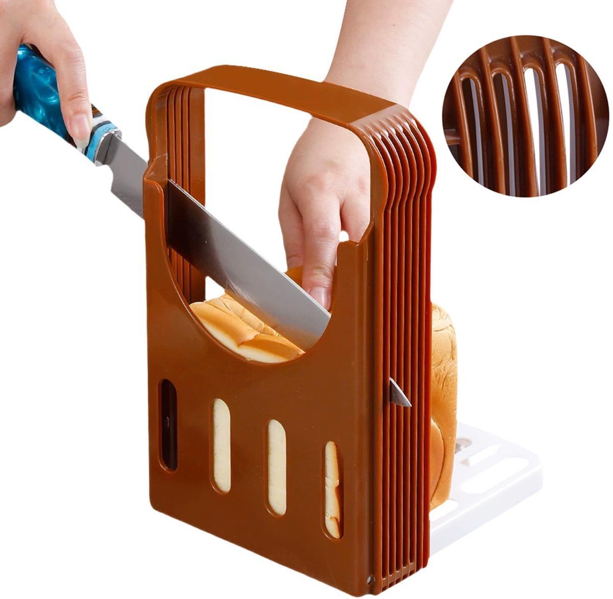 Adjustable Bread Slicer Guide, Foldable ABS Slicing Tool With Crumb Tray, For Homemade Bread Bagels Sourdough Cakes, Brown, 6.3 in