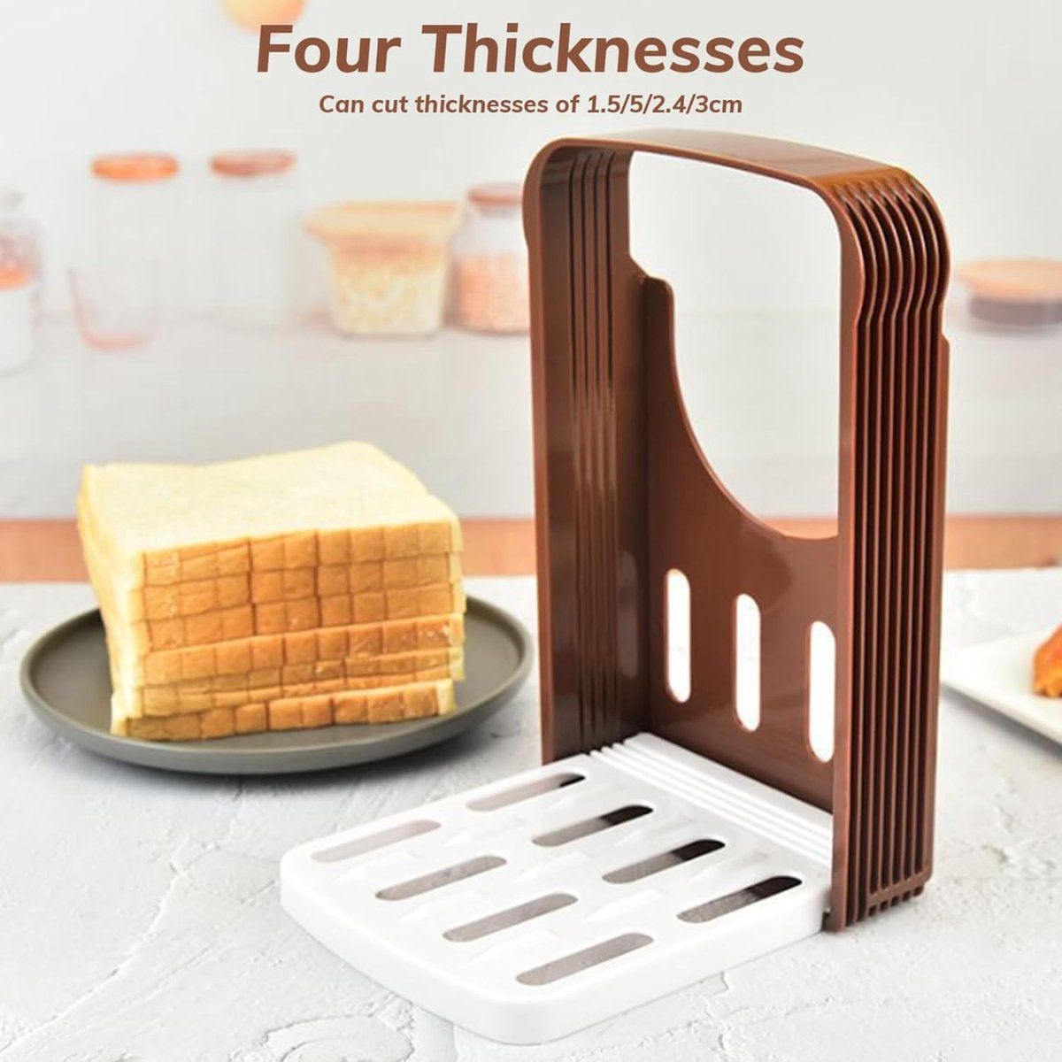 Adjustable Bread Slicer Guide, Foldable ABS Slicing Tool With Crumb Tray, For Homemade Bread Bagels Sourdough Cakes, Brown, 6.3 in
