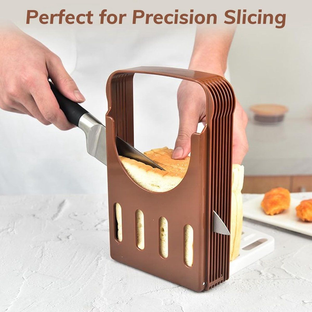 Adjustable Bread Slicer Guide, Foldable ABS Slicing Tool With Crumb Tray, For Homemade Bread Bagels Sourdough Cakes, Brown, 6.3 in