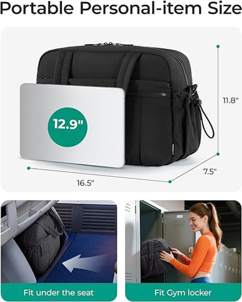 Travel Gym Duffle Bag With Wet Compartment, Compact Carry On Weekend Bag For Training Yoga Travel, Black, 40 x 20 x 28 cm