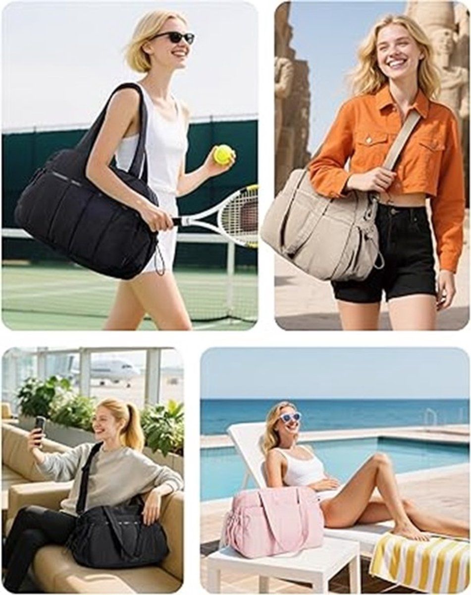 Travel Gym Duffle Bag With Wet Pocket, Compact Carry On Weekender For Men Women Training Sports Trips, Off White, 40 x 20 x 28 cm
