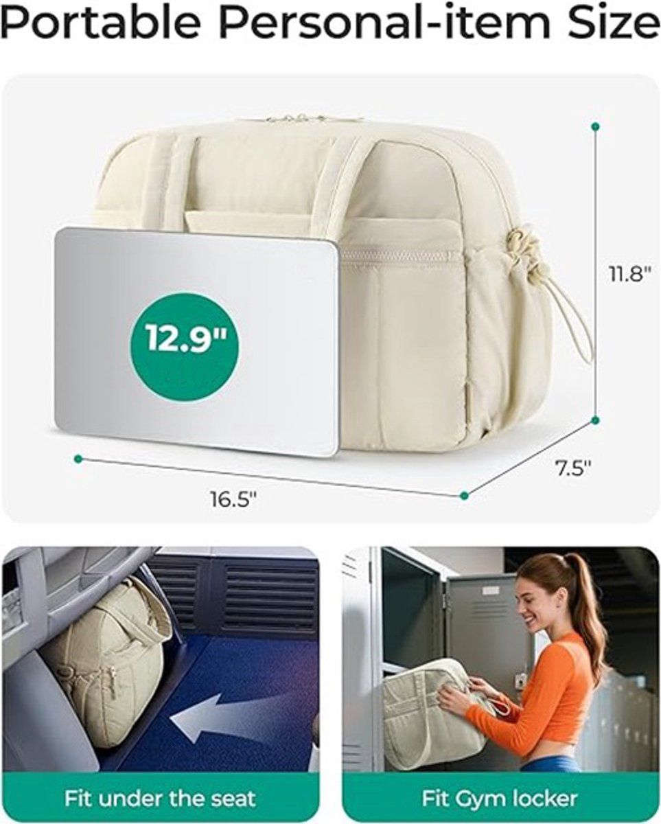 Travel Gym Duffle Bag With Wet Pocket, Compact Carry On Weekender For Men Women Training Sports Trips, Off White, 40 x 20 x 28 cm