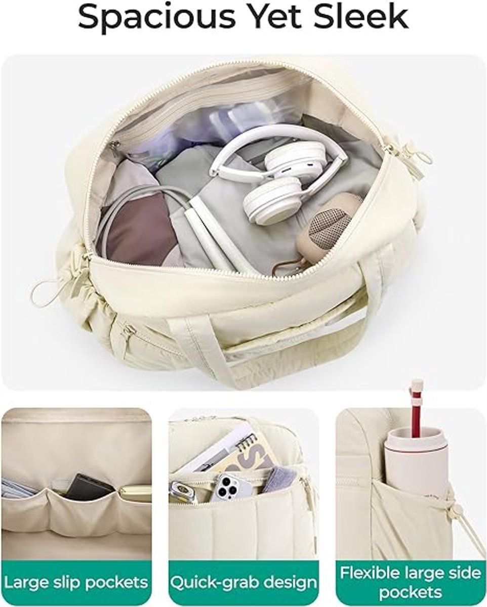 Travel Gym Duffle Bag With Wet Pocket, Compact Carry On Weekender For Men Women Training Sports Trips, Off White, 40 x 20 x 28 cm