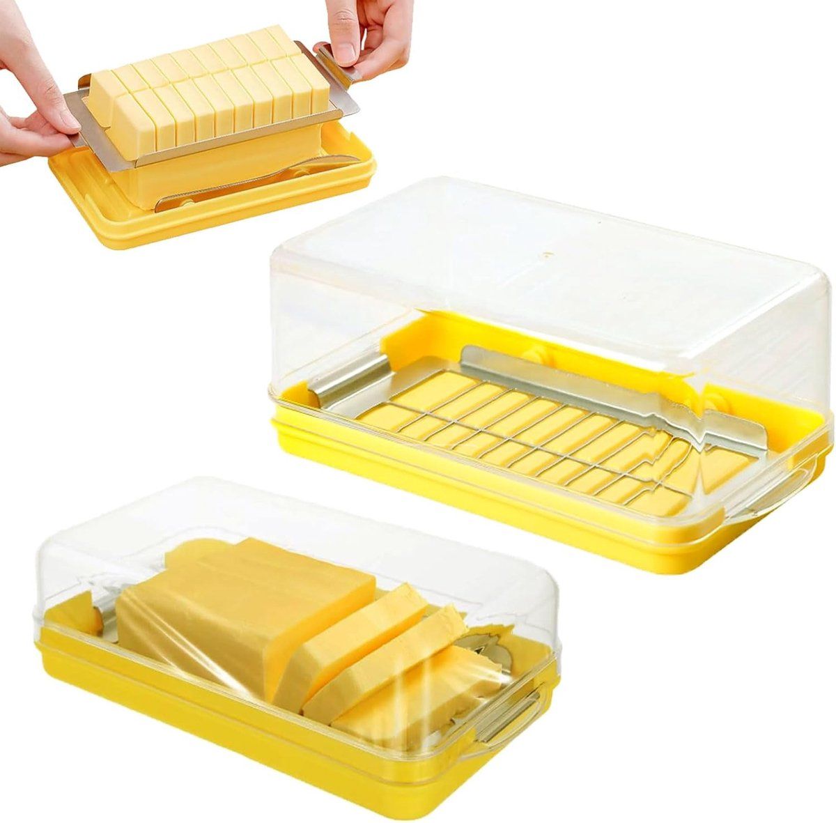 Butter Dish With Lid And Built In Slicer, BPA Free Butter Keeper With Stainless Steel Cutter, For Fridge Countertop, Yellow, 19.45 x 10.6 x 4.8 cm