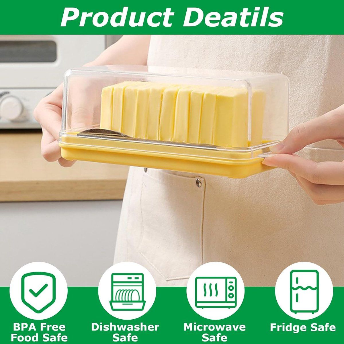 Butter Dish With Lid And Built In Slicer, BPA Free Butter Keeper With Stainless Steel Cutter, For Fridge Countertop, Yellow, 19.45 x 10.6 x 4.8 cm