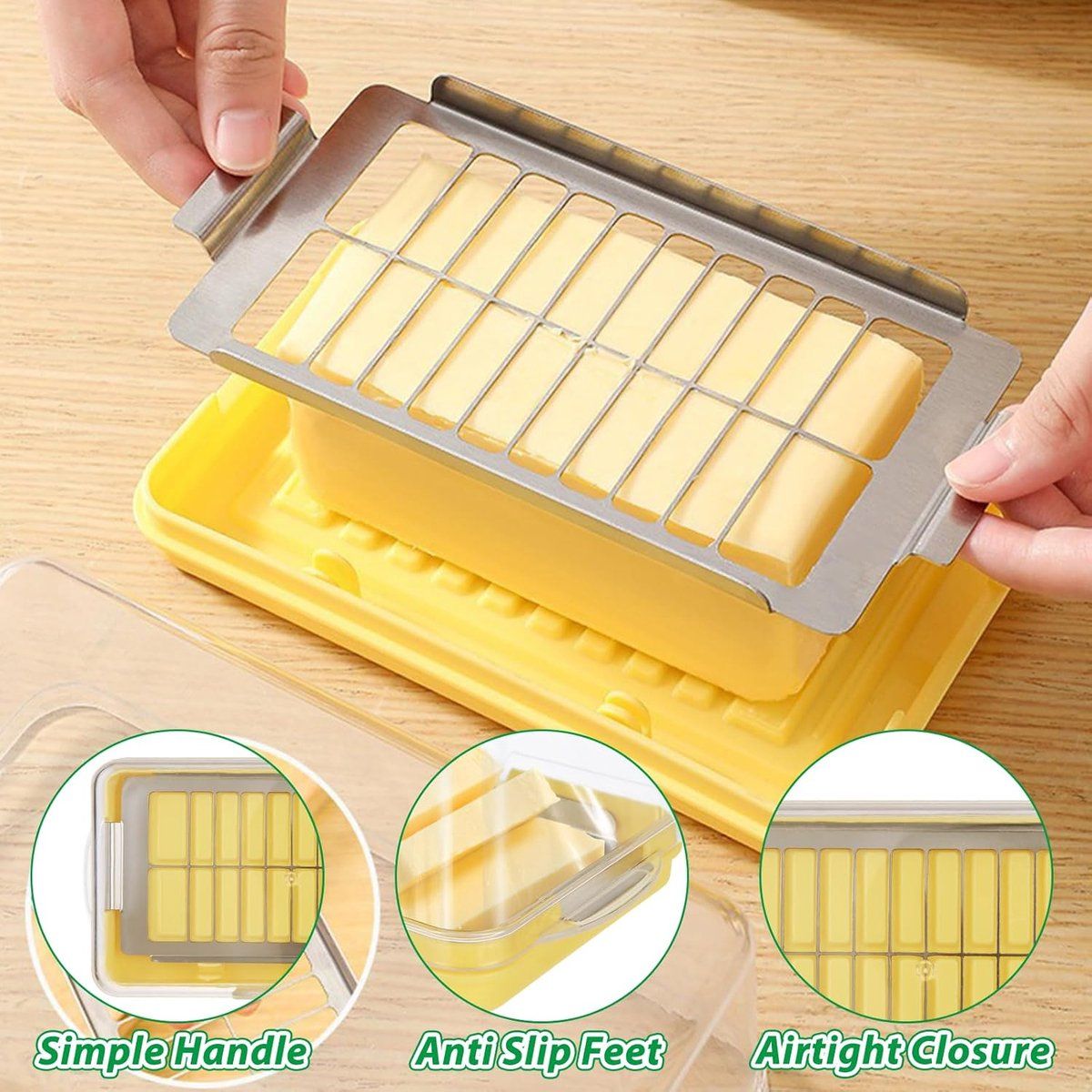 Butter Dish With Lid And Built In Slicer, BPA Free Butter Keeper With Stainless Steel Cutter, For Fridge Countertop, Yellow, 19.45 x 10.6 x 4.8 cm