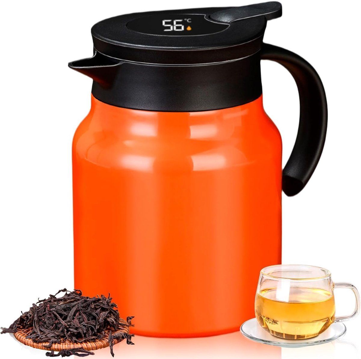 Vacuum Insulated Tea Pot With Infuser Filter, 18 8 Stainless Steel Double Wall Thermal Carafe With Temperature Display, Orange For Home Office, 1 L