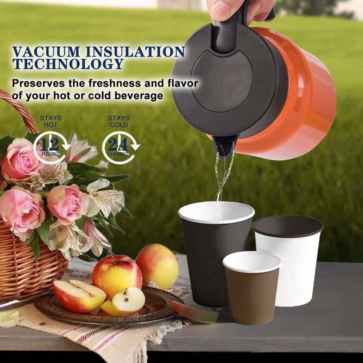 Vacuum Insulated Tea Pot With Infuser Filter, 18 8 Stainless Steel Double Wall Thermal Carafe With Temperature Display, Orange For Home Office, 1 L