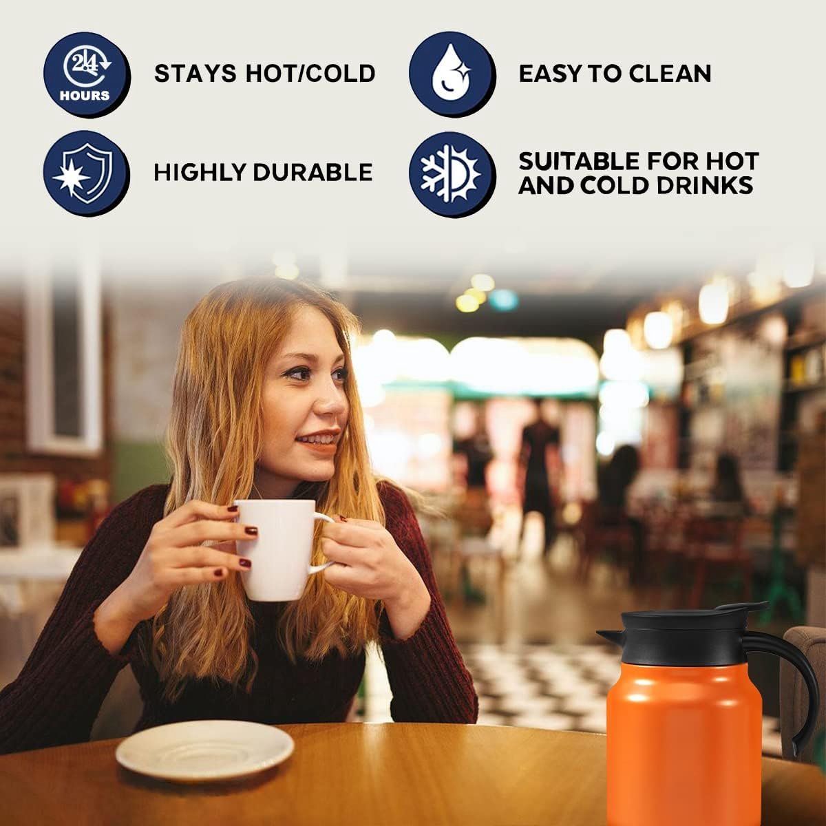 Vacuum Insulated Tea Pot With Infuser Filter, 18 8 Stainless Steel Double Wall Thermal Carafe With Temperature Display, Orange For Home Office, 1 L