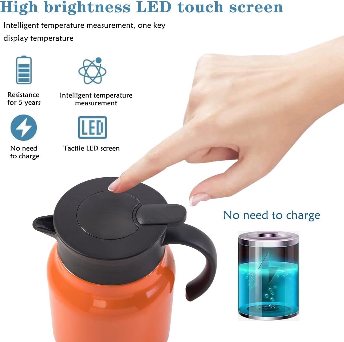 Vacuum Insulated Tea Pot With Infuser Filter, 18 8 Stainless Steel Double Wall Thermal Carafe With Temperature Display, Orange For Home Office, 1 L