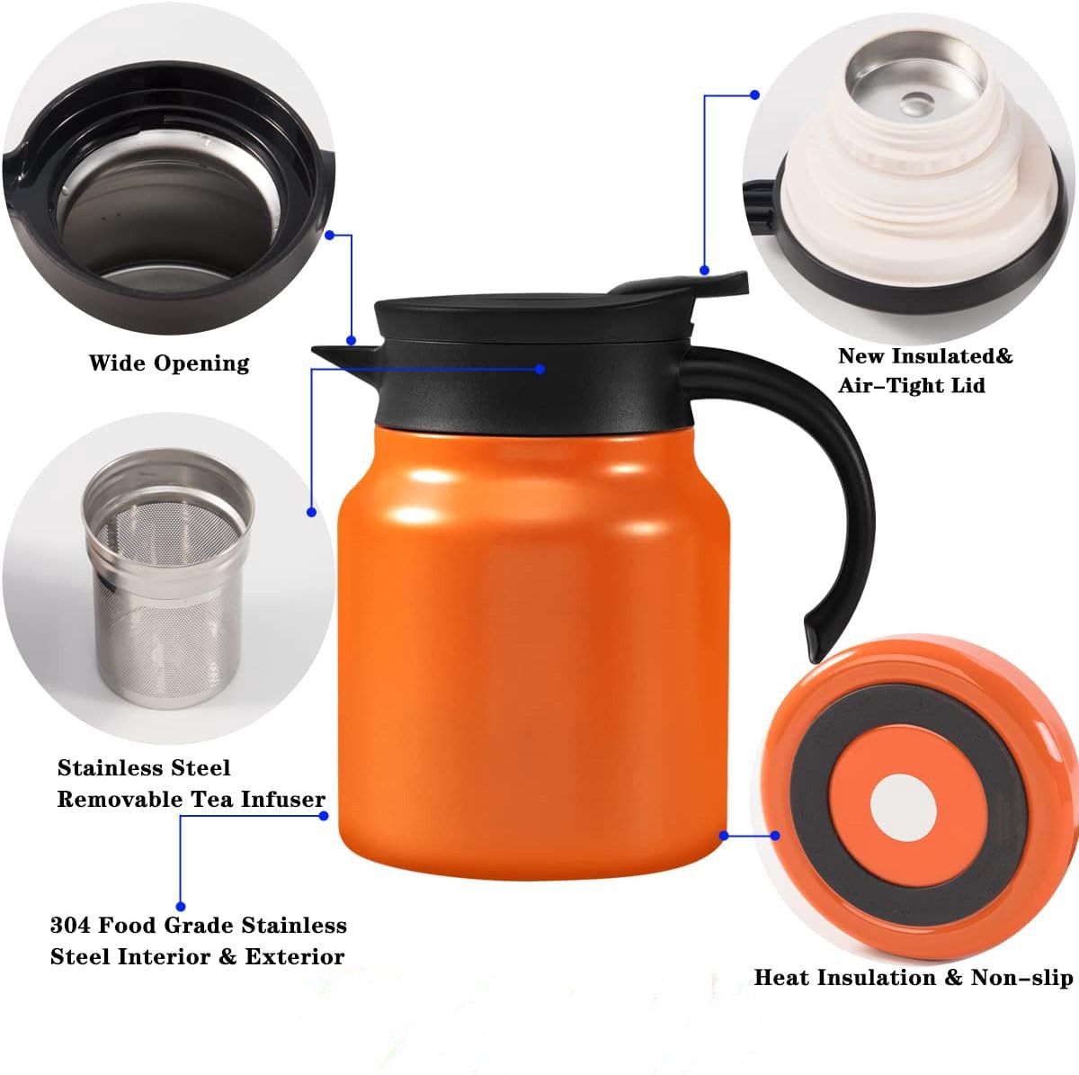Vacuum Insulated Tea Pot With Infuser Filter, 18 8 Stainless Steel Double Wall Thermal Carafe With Temperature Display, Orange For Home Office, 1 L