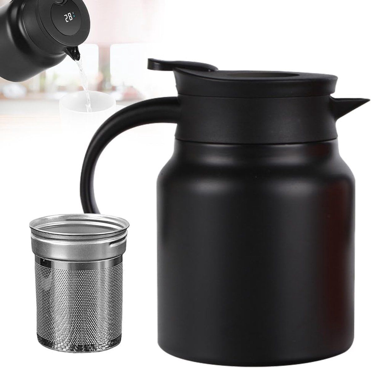 Stainless Steel Vacuum Insulated Teapot With Removable Tea Infuser Filter And Temperature Display Lid For Home Office Black, 1 L