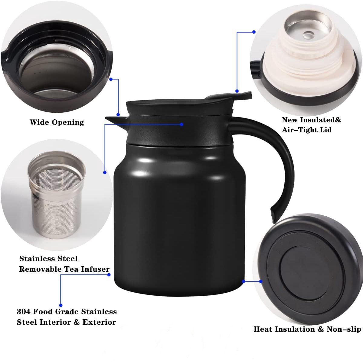 Stainless Steel Vacuum Insulated Teapot With Removable Tea Infuser Filter And Temperature Display Lid For Home Office Black, 1 L