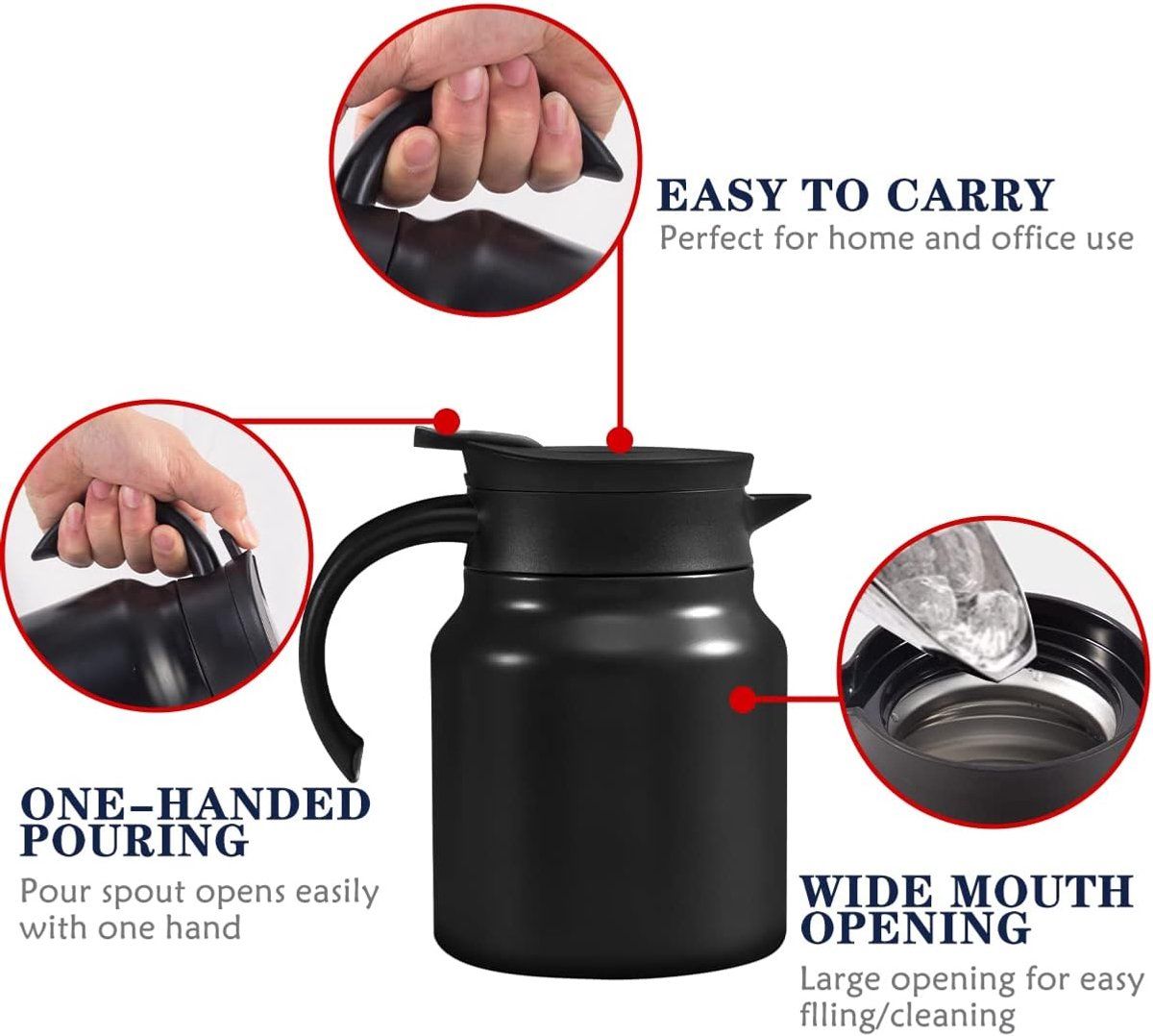 Stainless Steel Vacuum Insulated Teapot With Removable Tea Infuser Filter And Temperature Display Lid For Home Office Black, 1 L