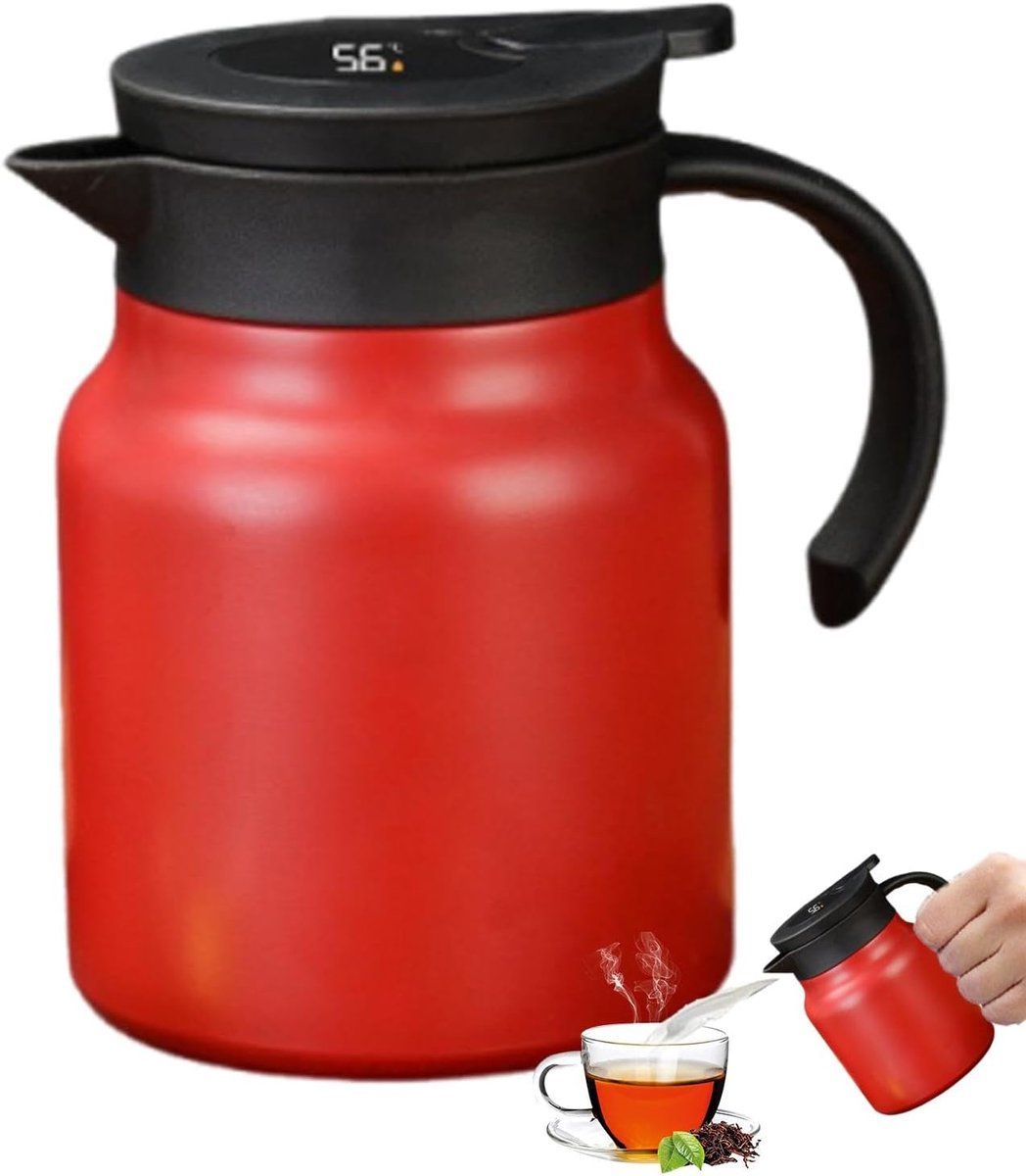 Vacuum Insulated Stainless Steel Tea Pot With Infuser Filter And Temperature Display Lid For Home Office Travel, Red, 1 L