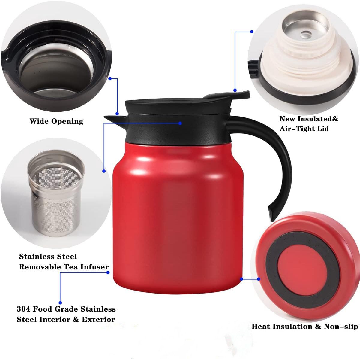 Vacuum Insulated Stainless Steel Tea Pot With Infuser Filter And Temperature Display Lid For Home Office Travel, Red, 1 L