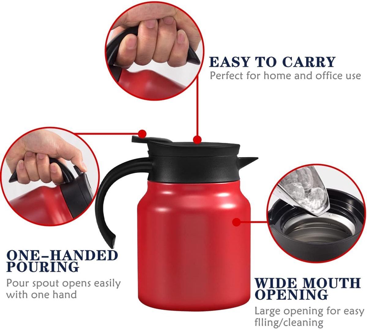 Vacuum Insulated Stainless Steel Tea Pot With Infuser Filter And Temperature Display Lid For Home Office Travel, Red, 1 L